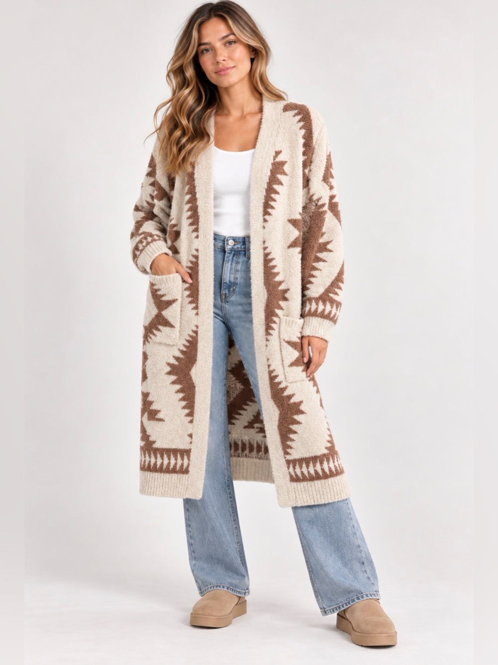 Boho Aztec Pattern Long Cardigan Cream Brown Open Front L